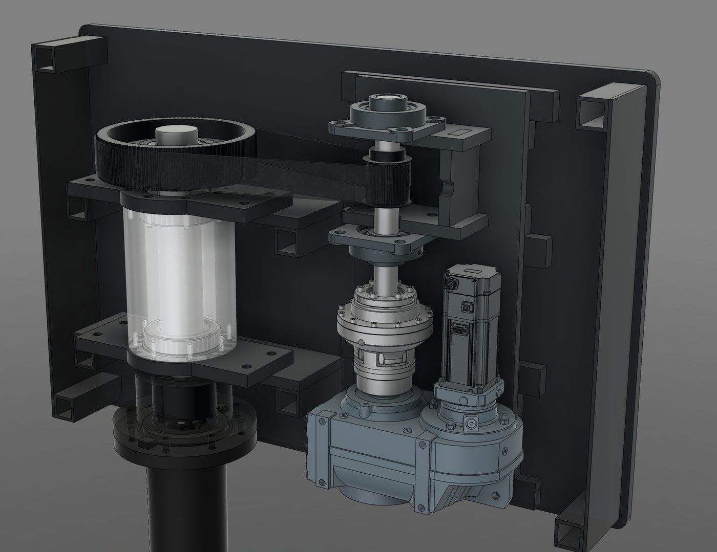 Machine-head concept with a motor, gearbox and belt drive.