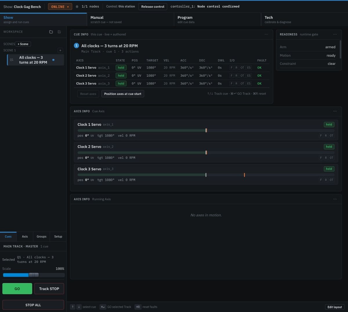 MotionFX bench test showing a cue and three axes.