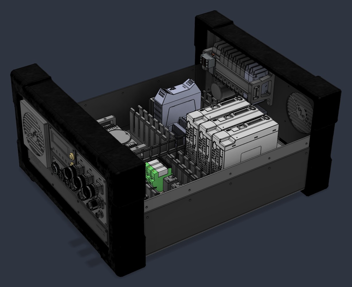 Servo drive rack with its cover removed.